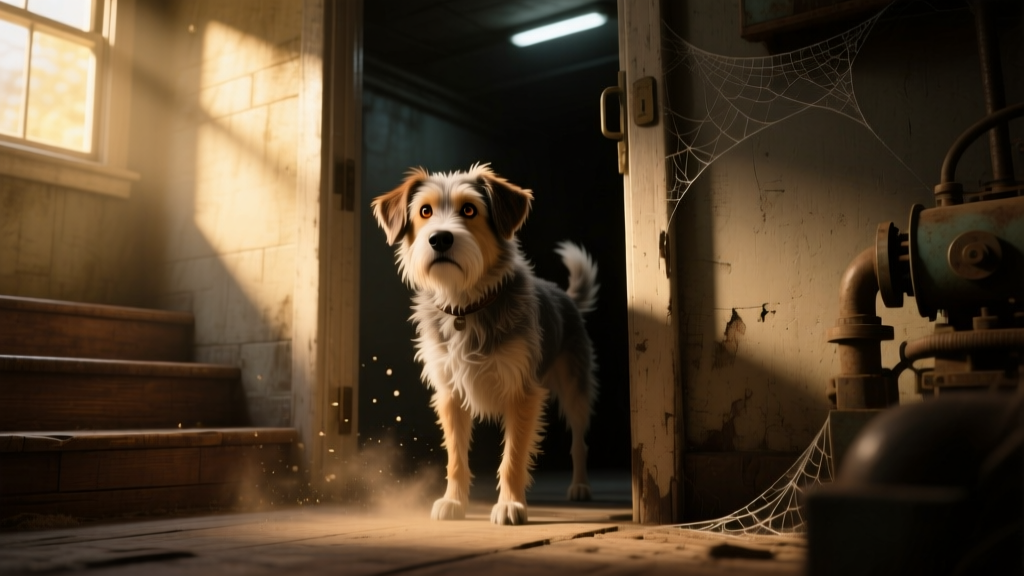 A dog hesitating at the entrance to a shadowy basement doorway, ears flattened and body low