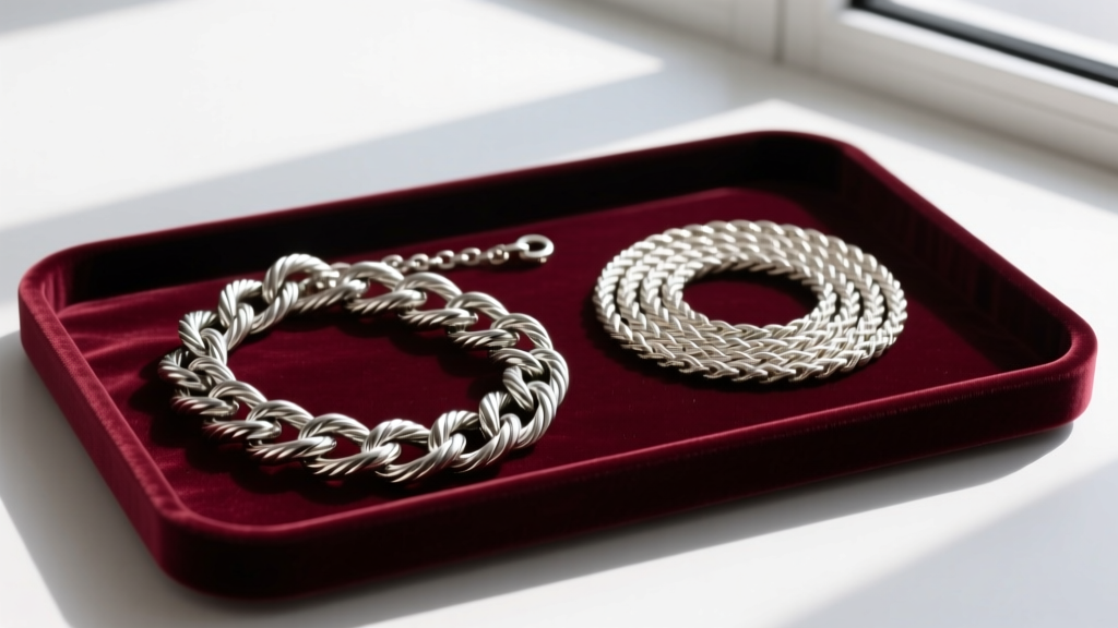 Overhead view of a velvet jewelry tray displaying a tangled 14-inch cable chain next to a neatly coiled 16-inch rope chain