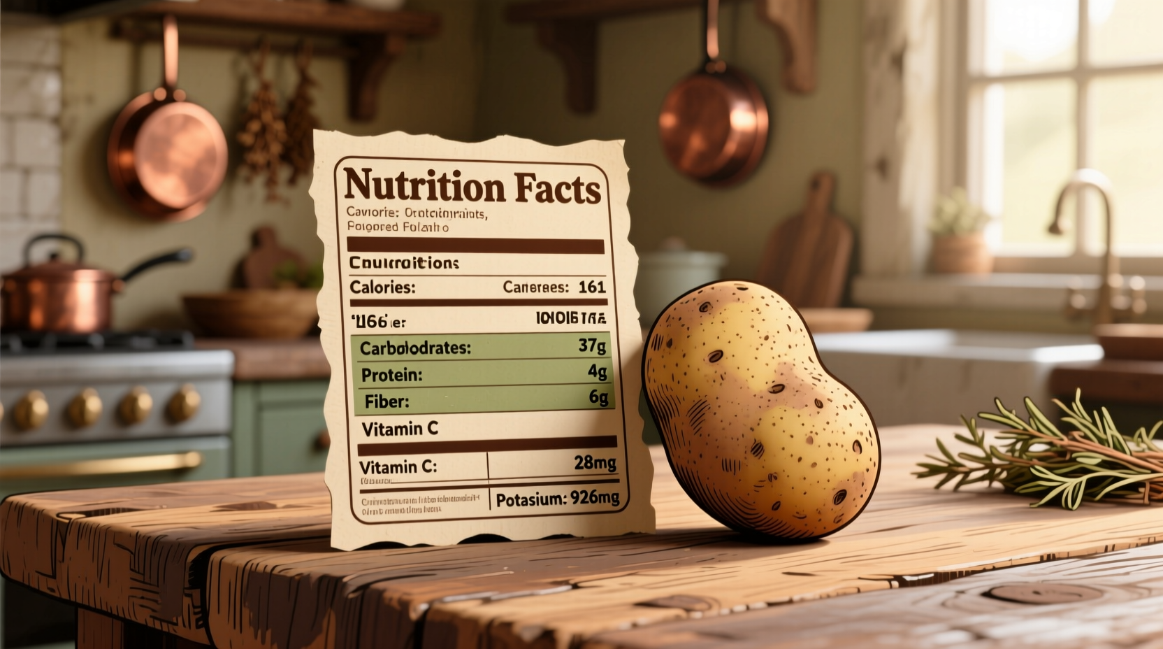 Russet potato nutrition facts on wooden table