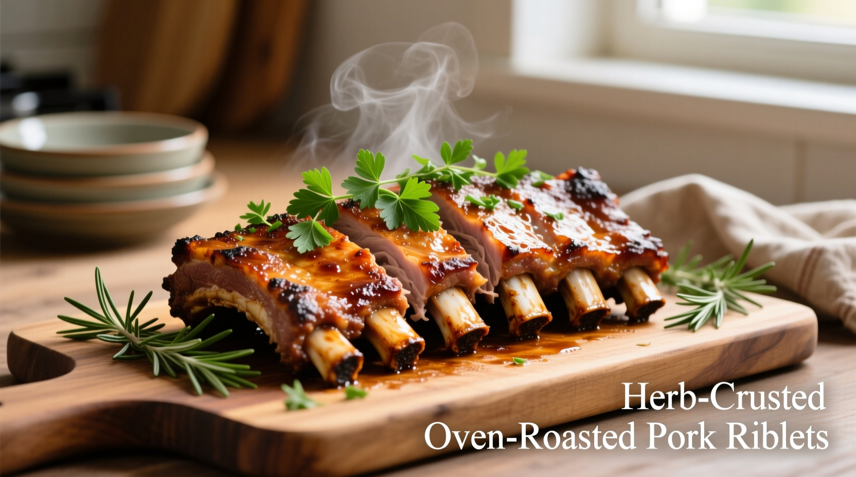 Oven-roasted pork riblets with herb garnish