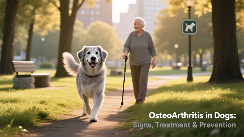 Happy senior dog walking confidently on a grassy path with owner nearby