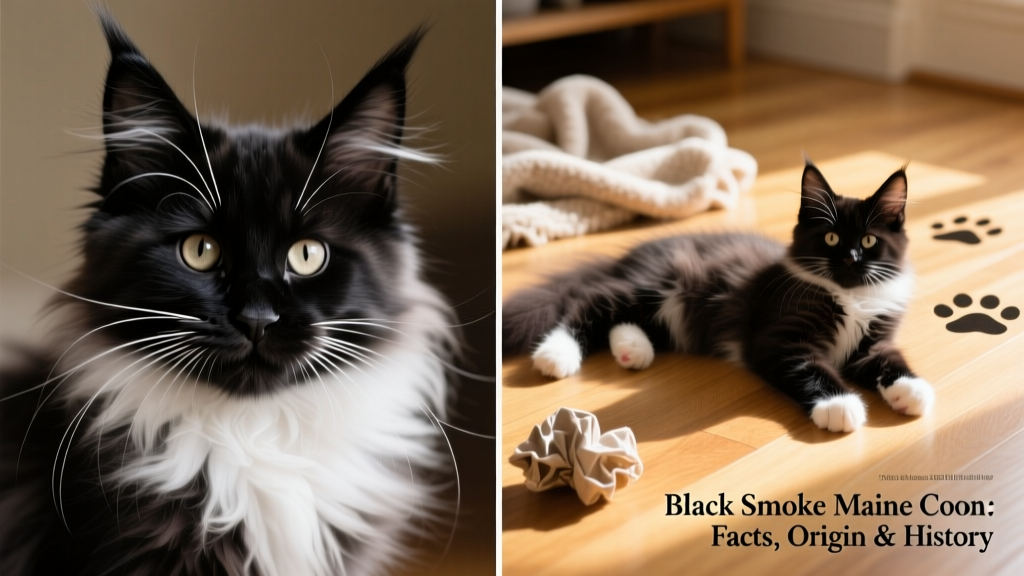 Side-by-side comparison showing a Black Smoke Maine Coon kitten’s fur texture: close-up of individual hairs revealing white undercoat beneath black tips