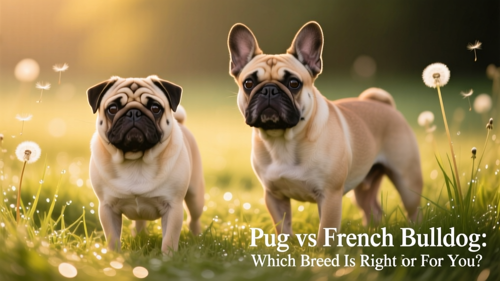 Side-by-side comparison of a Pug and a French Bulldog standing on grass, highlighting their distinct facial features and body shapes
