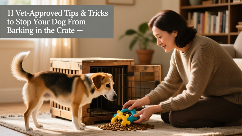 A dog owner gently placing a puzzle toy filled with kibble into their dog's crate while the dog watches eagerly
