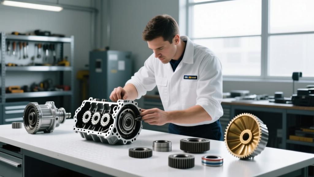 Mechanic inspecting a disassembled General Motors 4L60-E transmission valve body and sun shell on a clean workbench