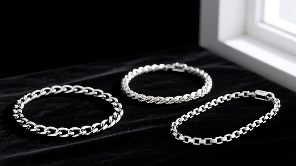 Three distinct necklace chains laid on black velvet: a 4mm Cuban link, a 3mm rope chain, and a 2.5mm box chain in silver tones