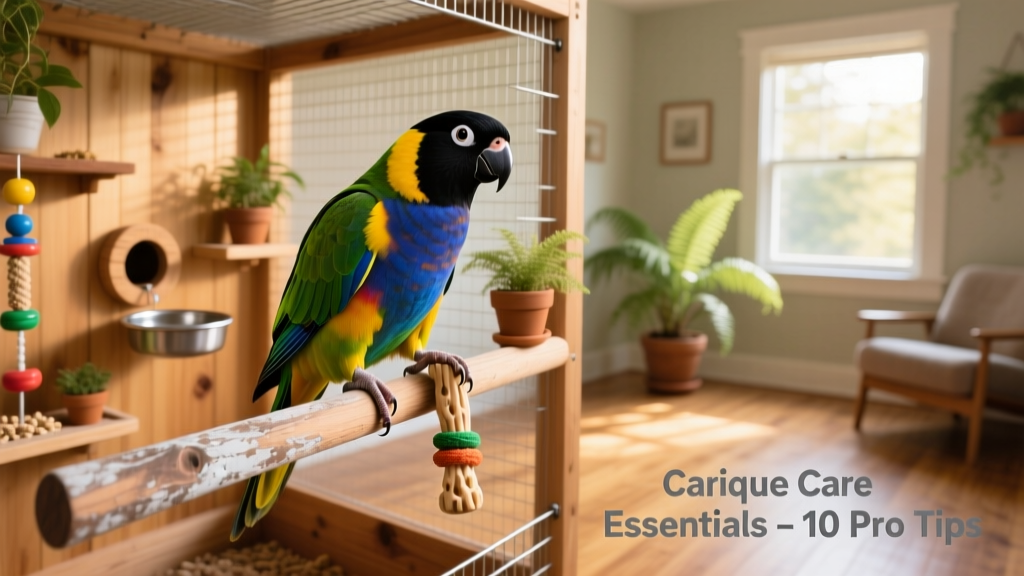 A brightly colored black-headed caique perched playfully on a wooden perch inside a spacious, well-equipped cage