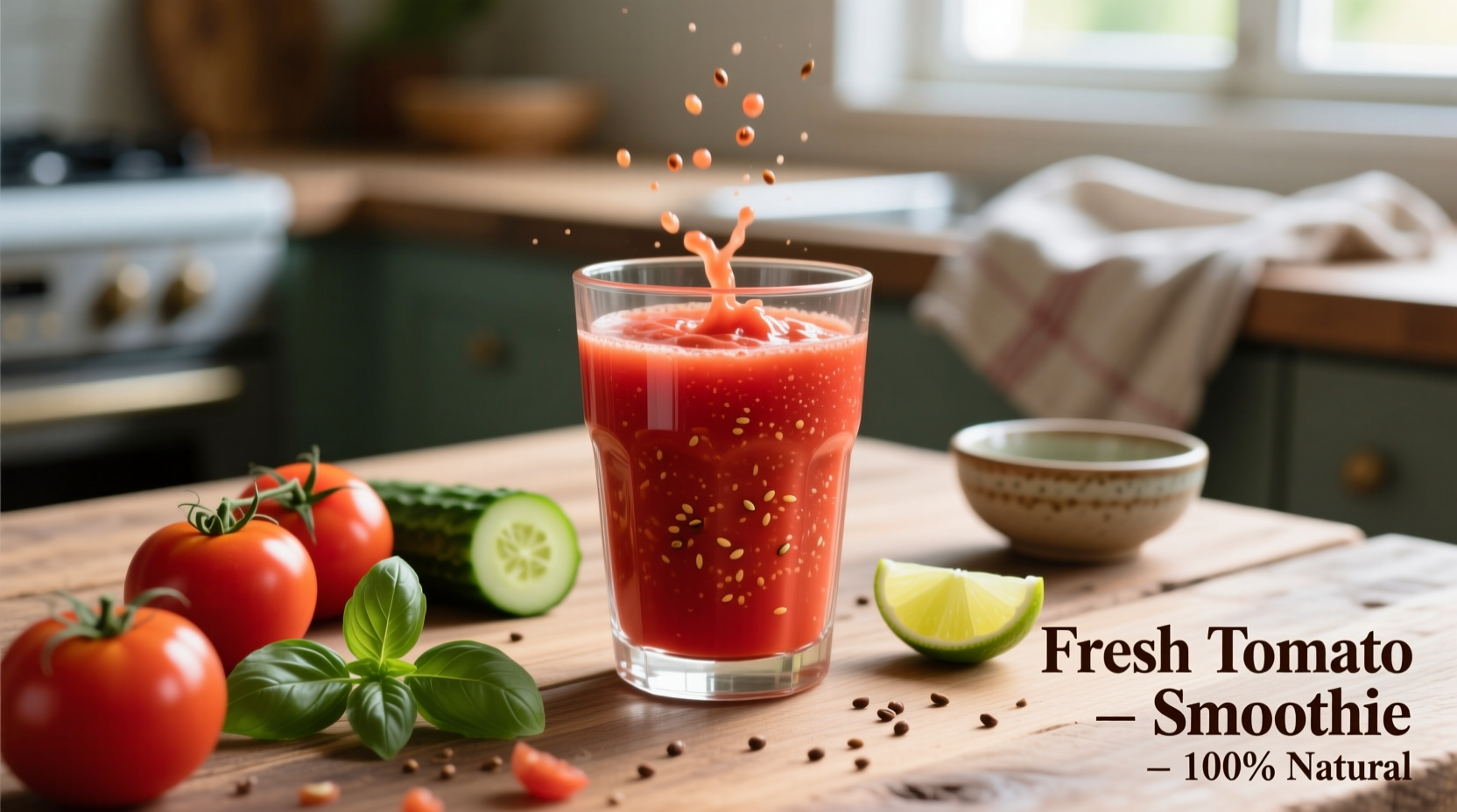 Fresh tomato smoothie in glass with ingredients