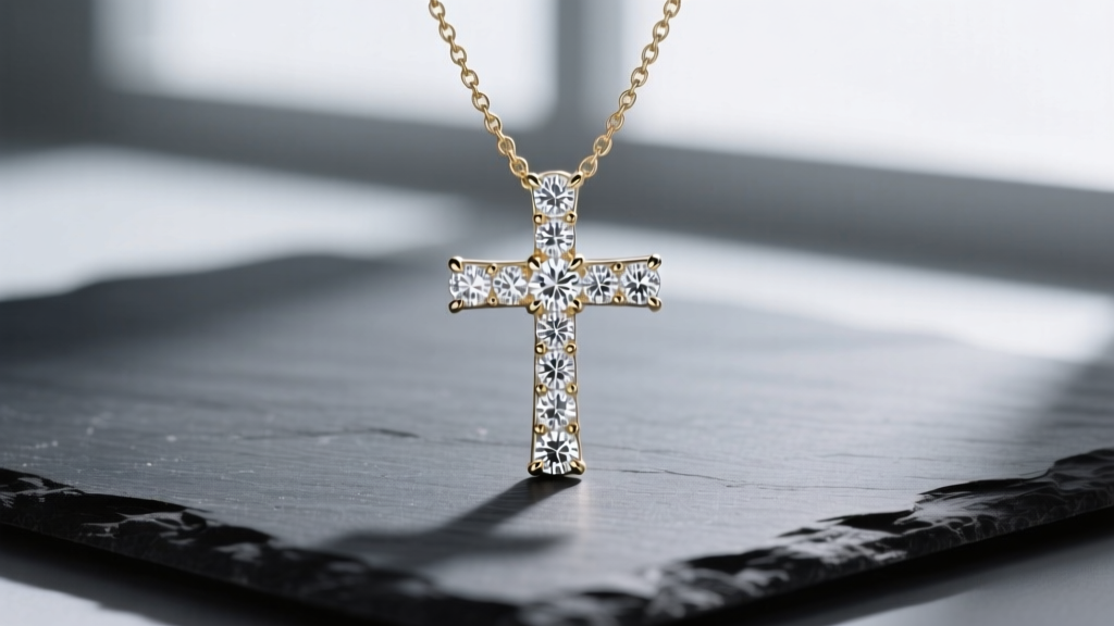 A radiant 14k white gold moissanite cross necklace resting on dark charcoal slate, showcasing brilliant prong-set stones