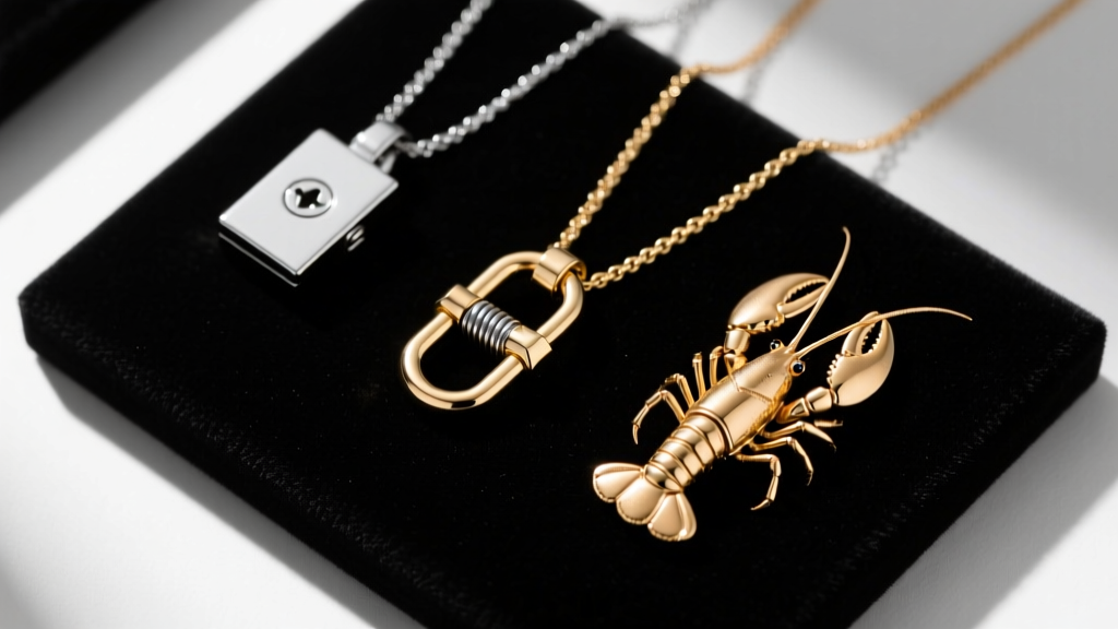 Top-down view of upgraded necklace security clasps, including magnetic, screw-barrel, and locking lobster styles on dark velvet.