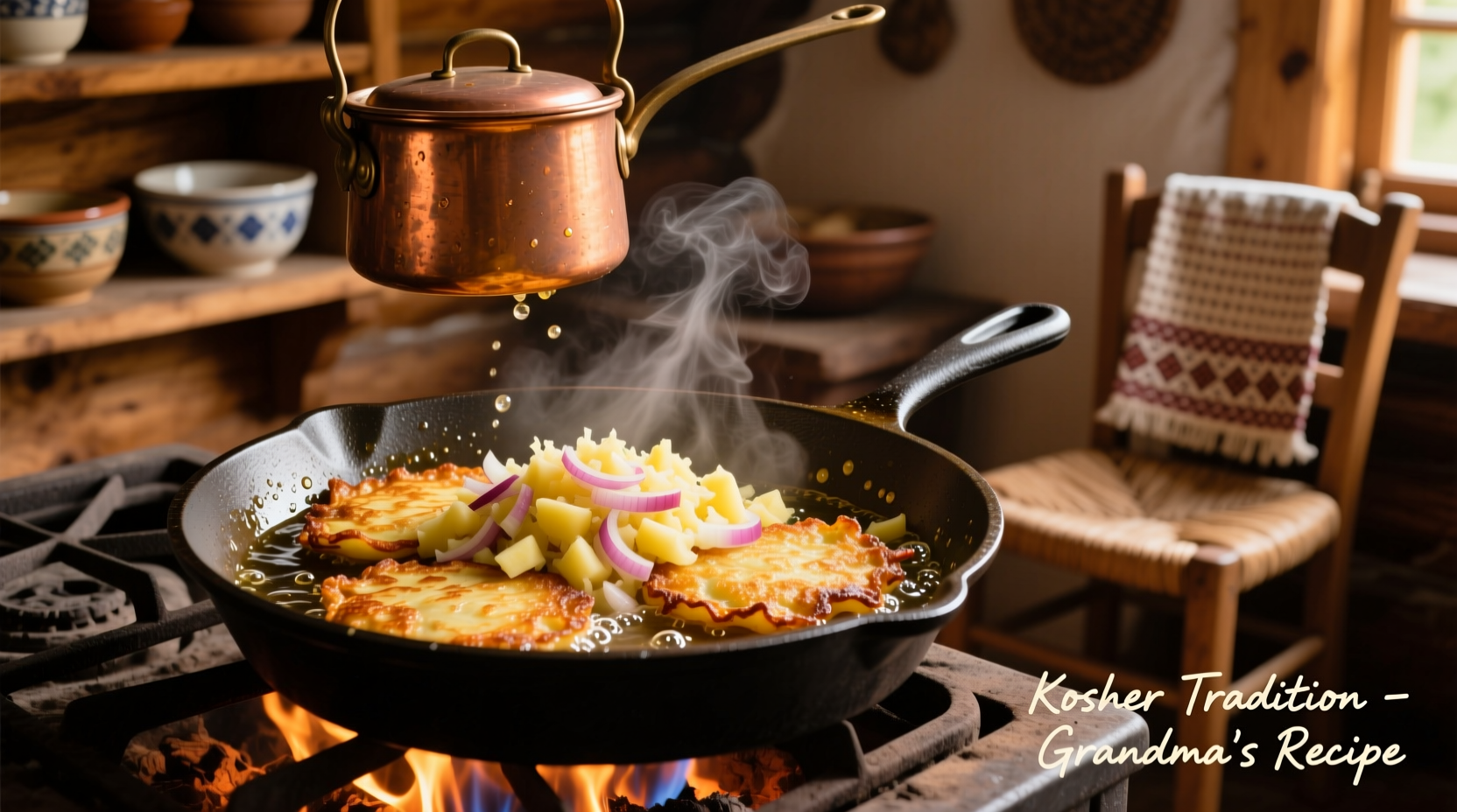 Traditional potato latkes sizzling in a skillet