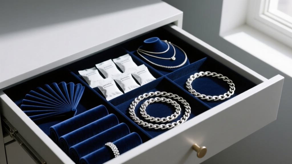 Open jewelry drawer showing anti-tarnish velvet rolls, silica gel packets, and neatly coiled sterling silver chain necklaces.