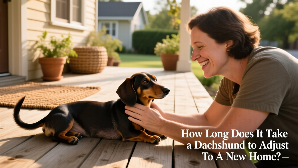 A smiling person gently petting a relaxed dachshund on a sunlit porch, both looking calm and connected