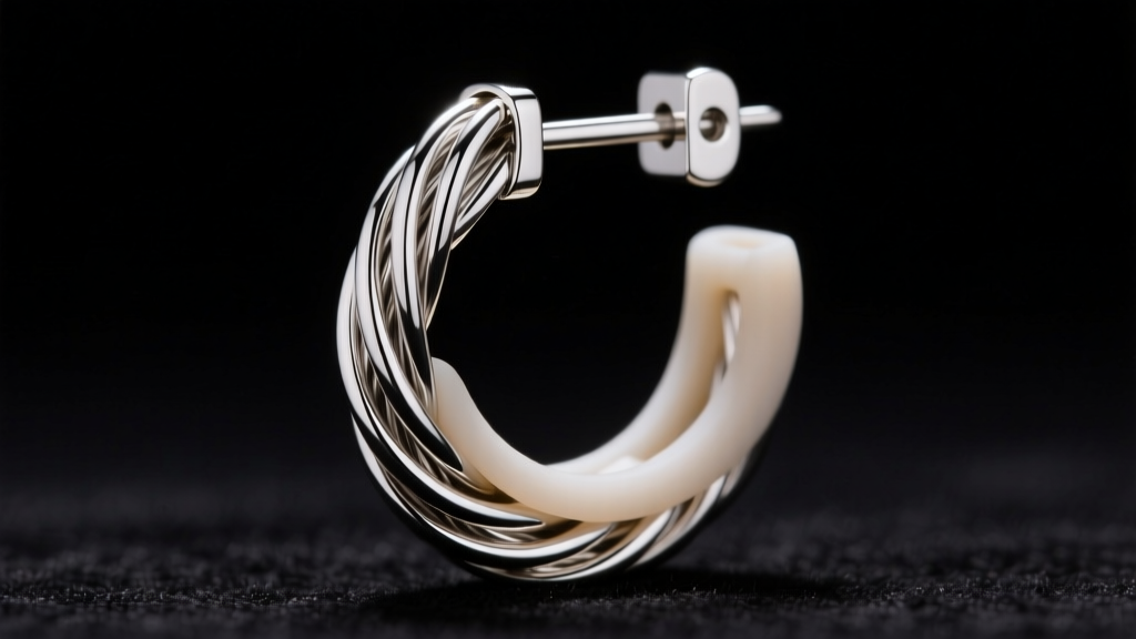 Macro shot of a large earring post highlighting a 20-gauge titanium wire and secure silicone backing against a dark background.
