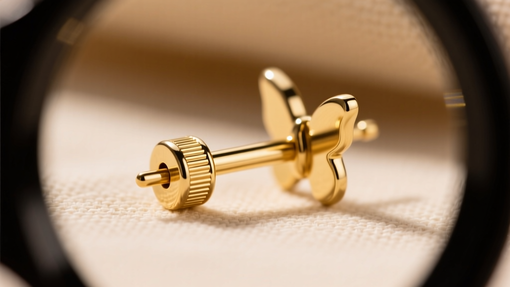 Close-up loupe view of a 20-gauge gold earring post and butterfly back, revealing the friction groove and clasp mechanism clearly.