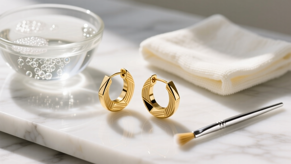 Flat lay of a jewelry cleaning kit with soapy water, a microfiber cloth, and 14k solid gold hoop earrings on a marble surface