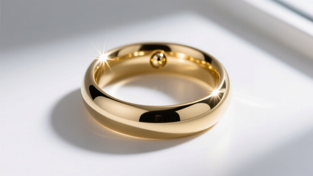 Overhead view of 18k solid gold captive bead ring with mirror polish reflecting a bright ring light in a sterile piercing studio.