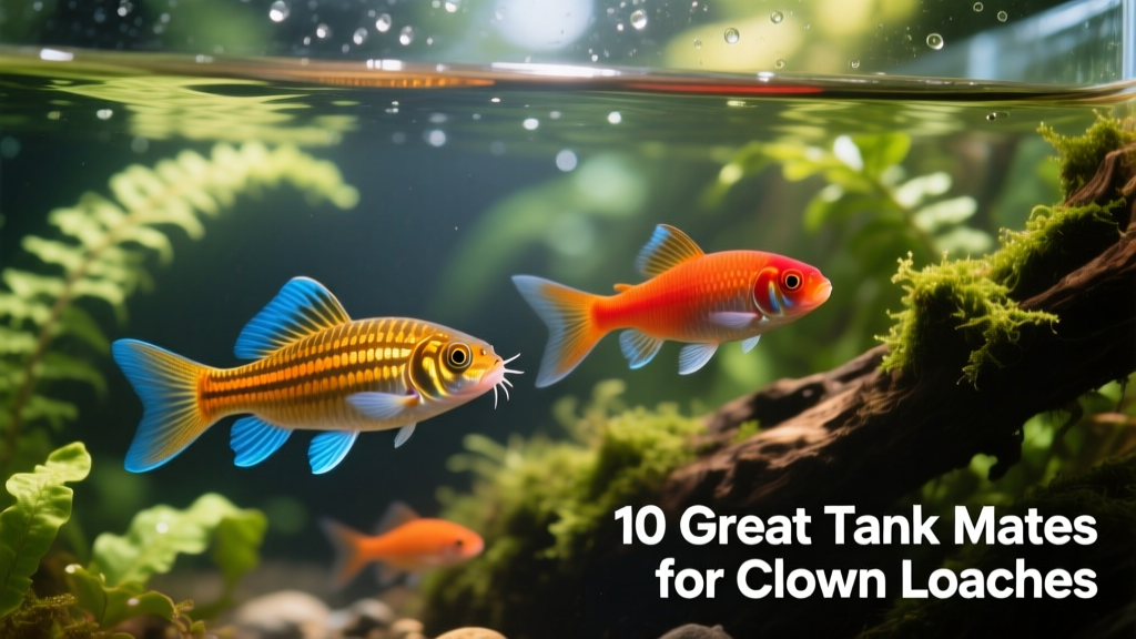 Close-up photo showing a clown loach swimming beside a harlequin rasbora and a rummy nose tetra in a well-planted aquarium