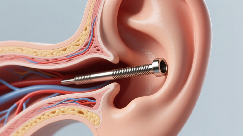 Cross-section diagram of an earlobe fistula showing an internally threaded titanium earring post gliding smoothly without snags.