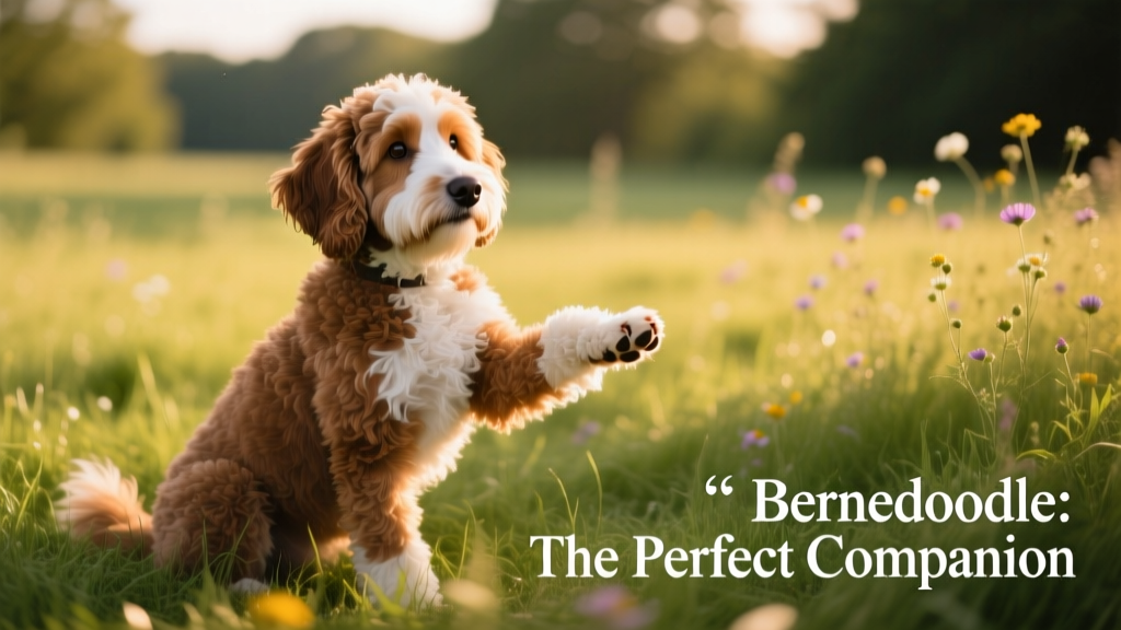 Brown and white Bernedoodle sitting in grass