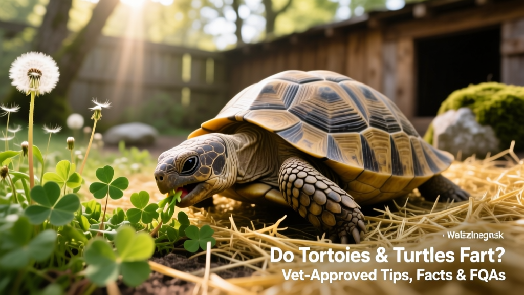 Tortoise grazing peacefully on a mix of dandelion greens, clover, and timothy hay in a naturalistic enclosure