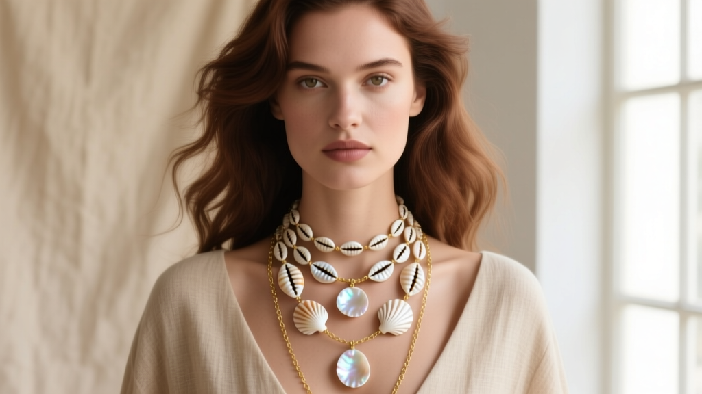 Model wearing layered small seashell necklaces with 5mm puka shells and 10mm mother of pearl pendants on delicate gold chains