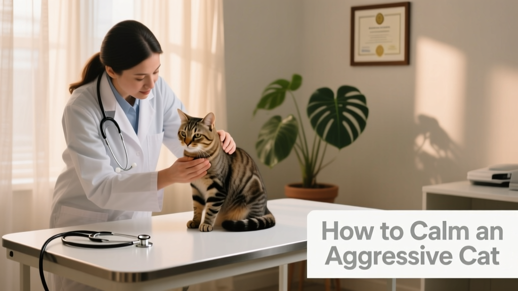 A veterinarian gently examining a calm cat on an exam table, with soft lighting and a quiet room