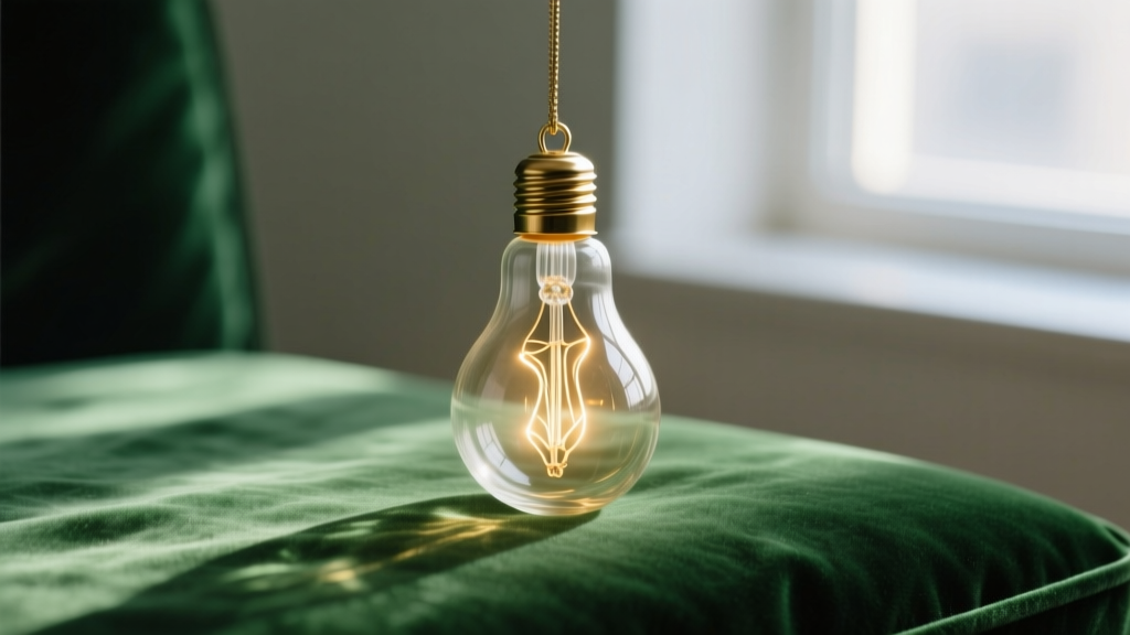 Clear glass xmas light bulb necklace pendant resting on green velvet, revealing internal wire filament and warm light refraction.