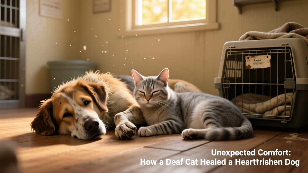 Johnny resting peacefully beside the senior cat, both relaxed and calm in a softly lit shelter room