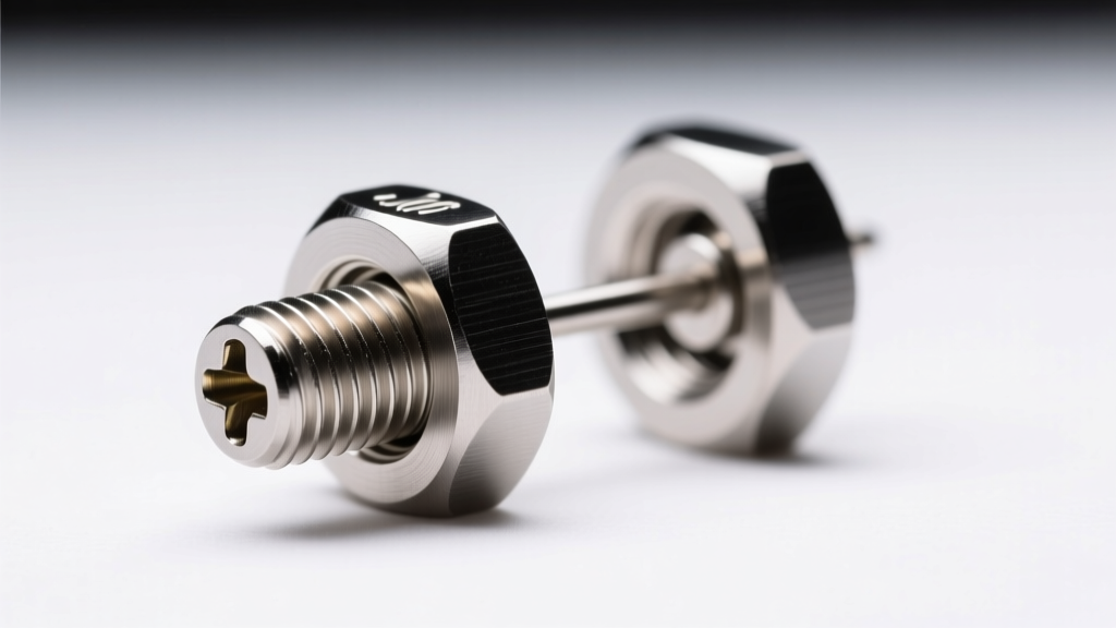 Macro photography of a titanium screw-back earring post and locking nut, bright studio lighting against a clean white background.