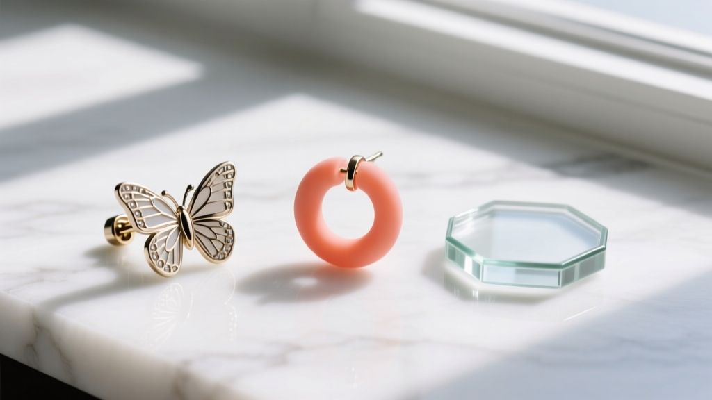 Side view of three clear earring backings: a butterfly clutch, a silicone O-ring, and a glass flat disc on a white marble surface