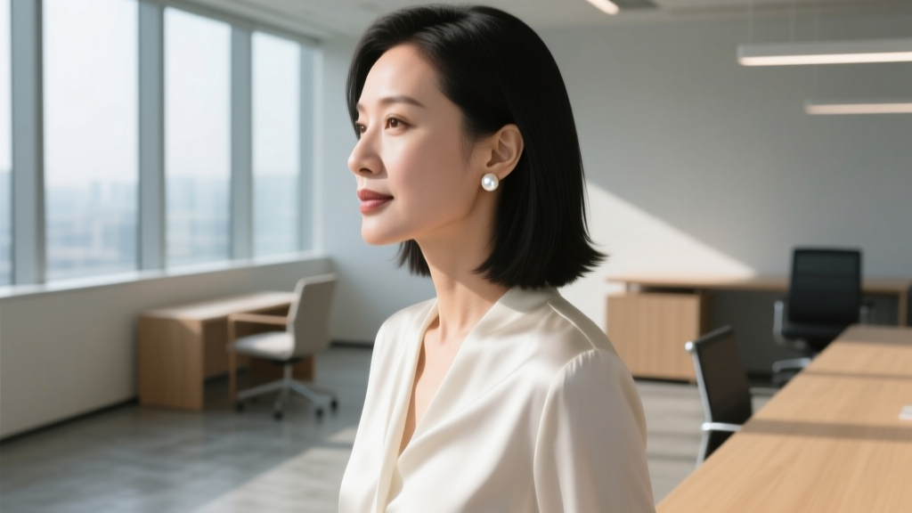 Side profile of a professional woman wearing 6mm white freshwater pearl studs with a silk blouse in a sunlit modern office