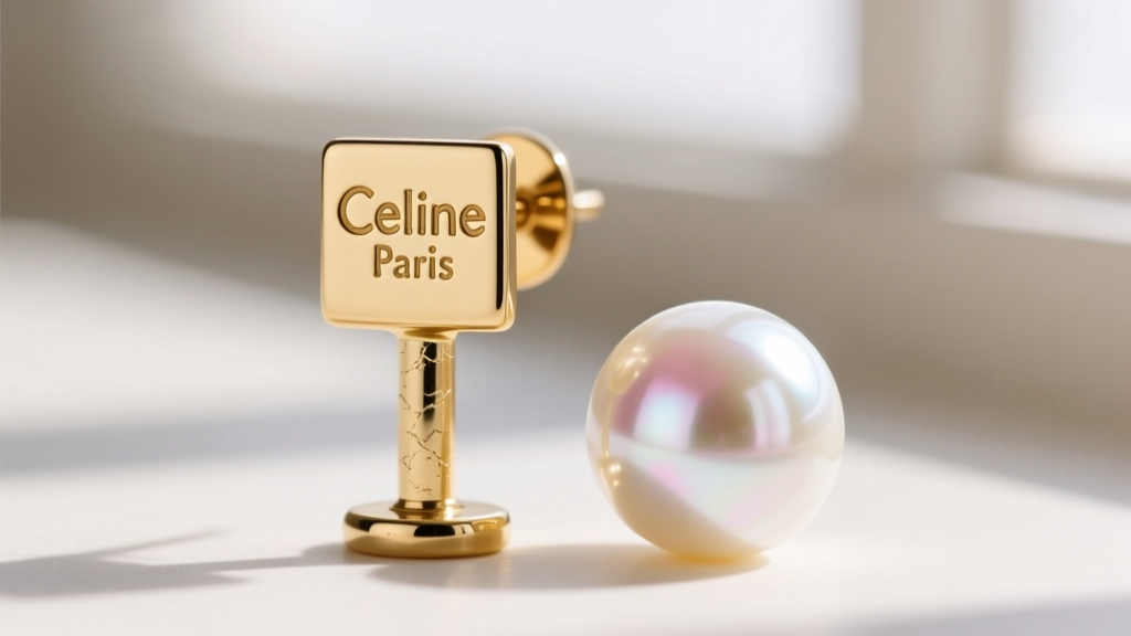 Macro shot of an 18k gold Celine earring post showing the crisp Celine Paris hallmark engraving next to a lustrous Akoya pearl