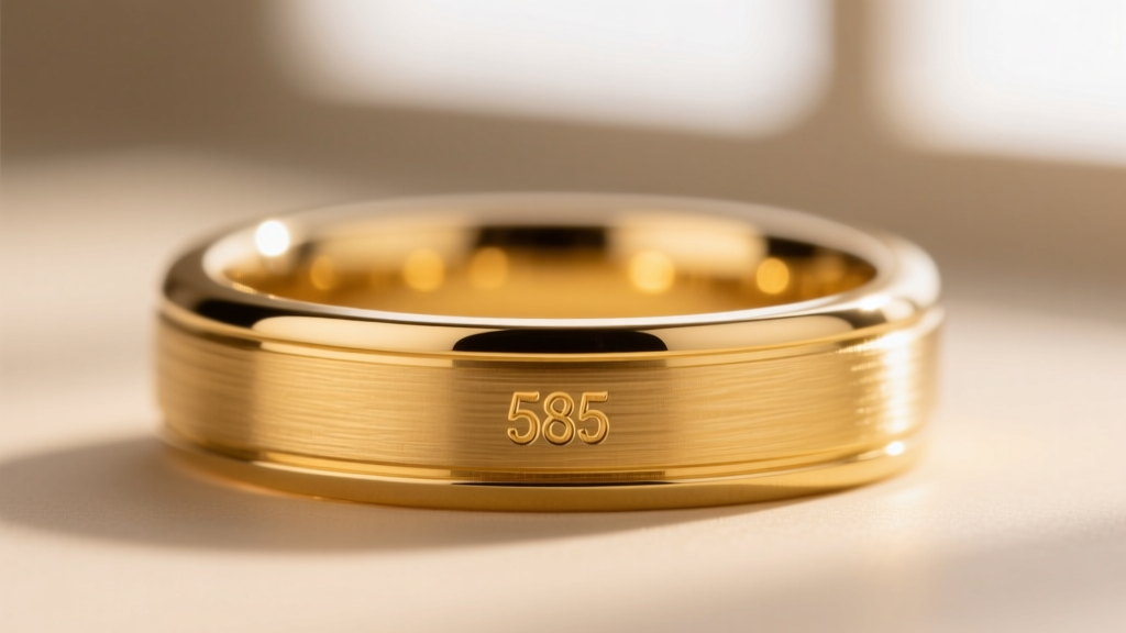 Macro photography of a 14k yellow gold ring shank showing the 585 purity stamp and a tiny maker's mark under bright light