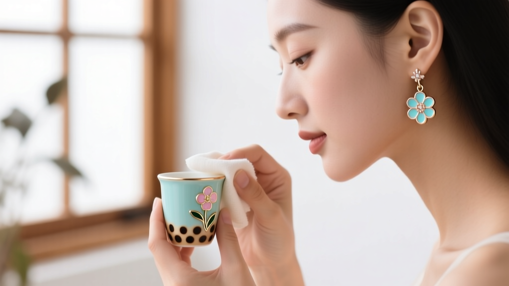 Woman gently cleaning an enamel boba cup earring charm with a microfiber cloth, soft natural window lighting, and shallow focus.