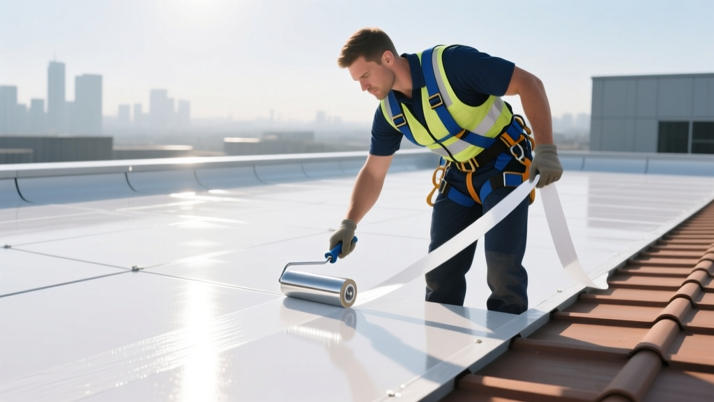Commercial roofer in safety harness applying white seam tape to a TPO flat roof membrane using a steel roller on a sunny day