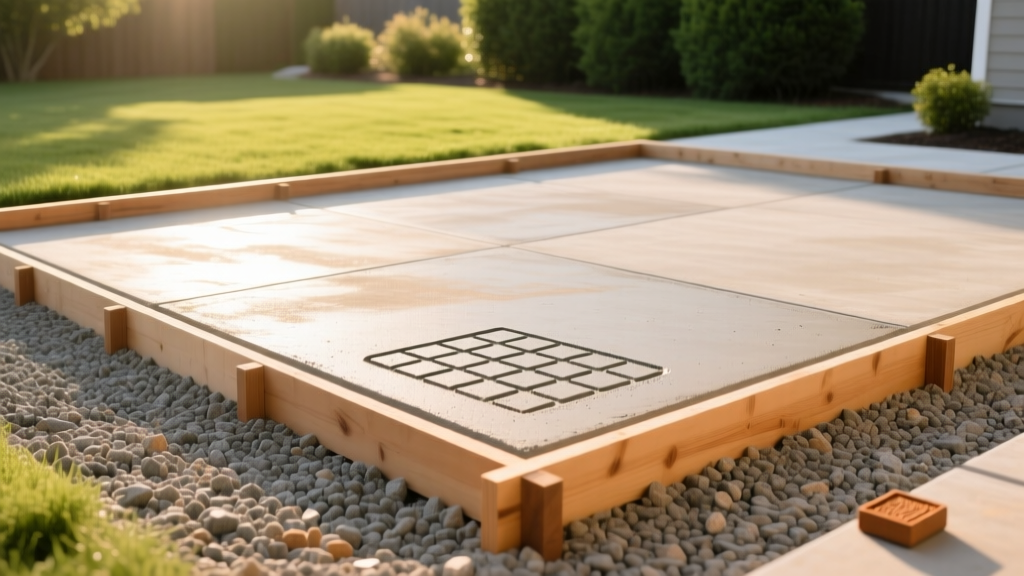 Compacted gravel base for concrete pavers beside wooden forms for a stamped concrete patio installation in a sunny backyard.