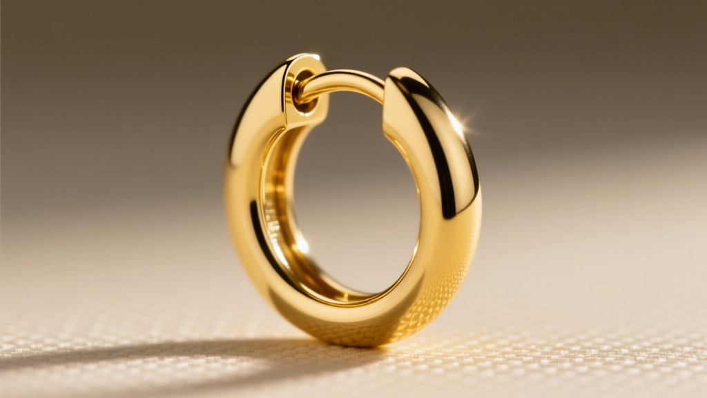 Close-up of a 14k yellow gold 20-gauge huggie earring hinge closing, showing the secure clasp mechanism and polished metal finish