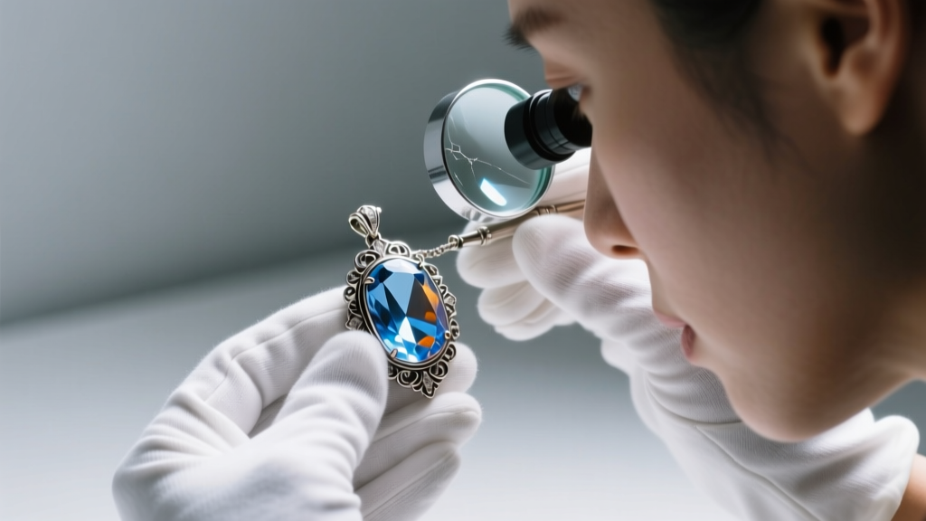 Jeweler in cotton gloves inspecting a vintage rock crystal pendant clasp with a loupe under bright, focused light.