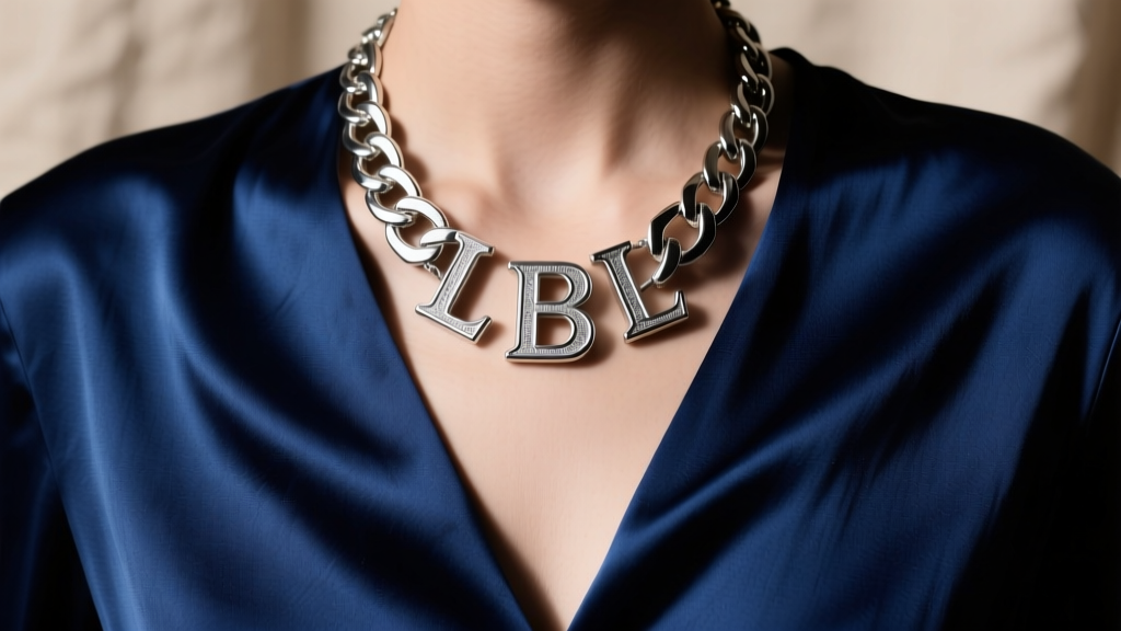 Fashion editorial shot of a chunky silver letter necklace resting perfectly on a deep V-neck silk blouse, high contrast lighting