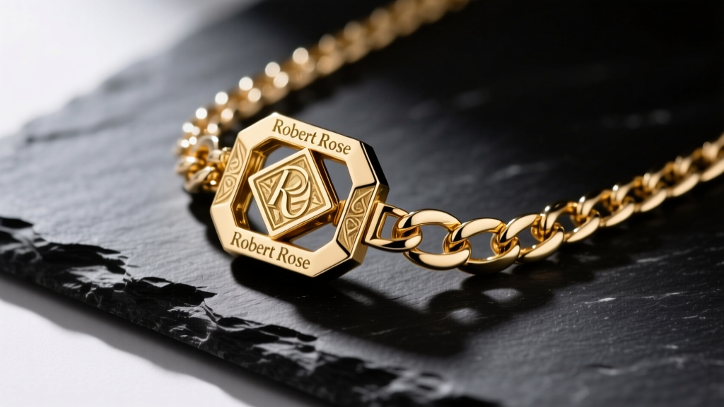Macro shot of a gold-plated Robert Rose necklace clasp and chain links on dark slate, highlighting the intricate metal texture.
