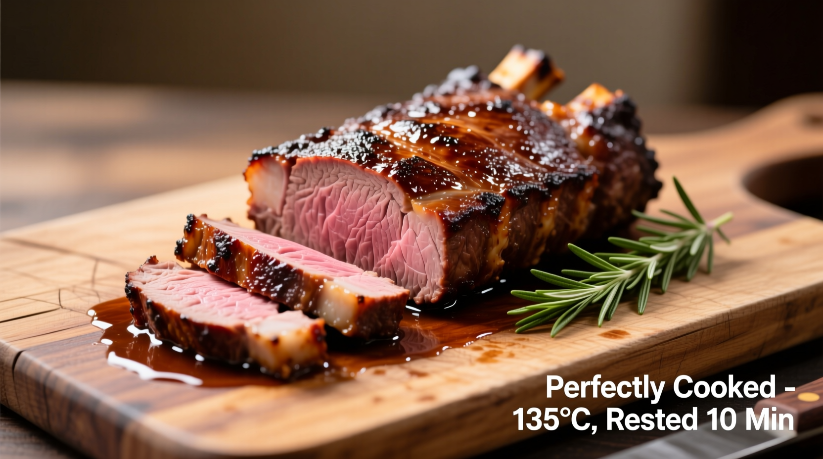 Perfectly cooked small prime rib roast on cutting board