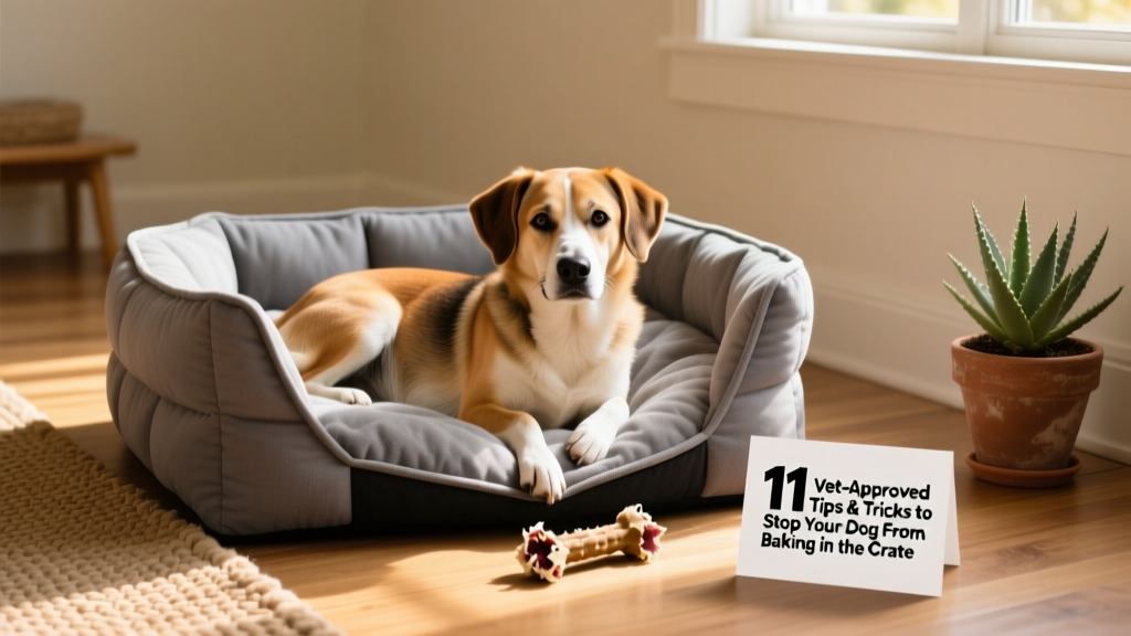 A calm, relaxed dog resting comfortably inside a well-padded crate with soft bedding and a chew toy nearby