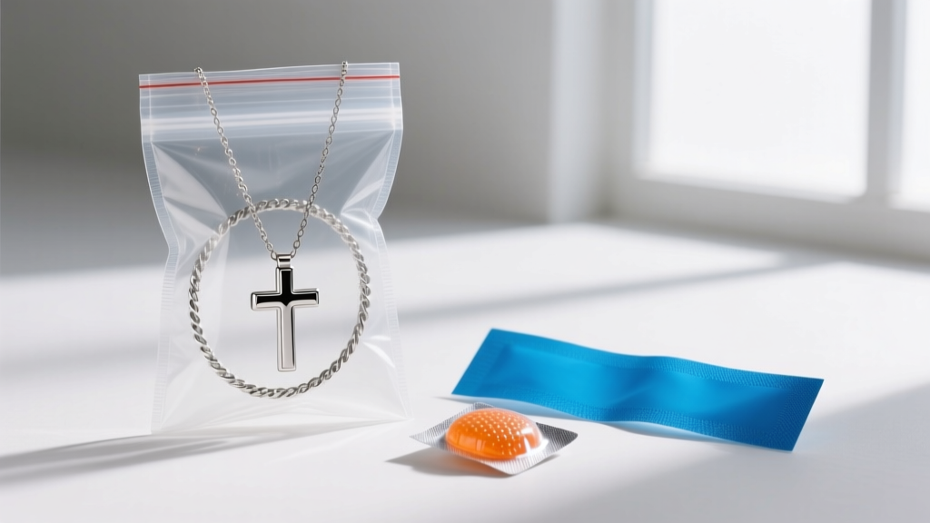 Silver cross necklace coiled in a sealed bag alongside a blue anti-tarnish strip and a small orange silica gel desiccant packet