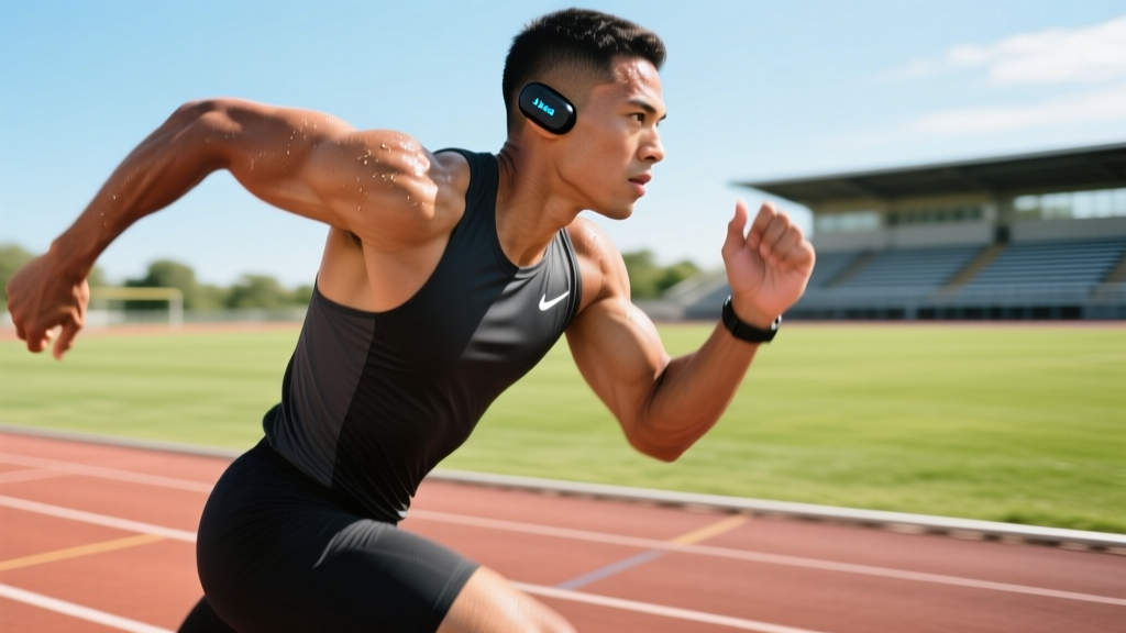 Athlete sprinting on outdoor track wearing secure-fit Jabra Elite 8 Active earbuds with sweat on forehead in bright daylight