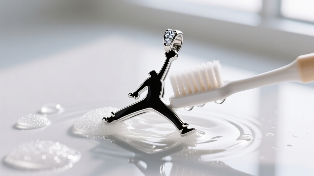 Macro shot of a silver Jumpman pendant with black enamel and zirconia being gently brushed with a soft toothbrush in soapy water.