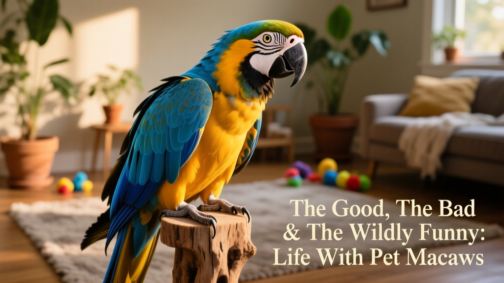 A vibrant blue-and-gold macaw perched confidently on a natural wooden stand, head tilted playfully