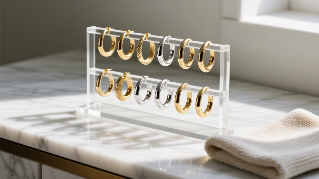 Acrylic hoop earring holder displaying 14k gold and silver hoops on a marble vanity with soft morning light and a microfiber cloth
