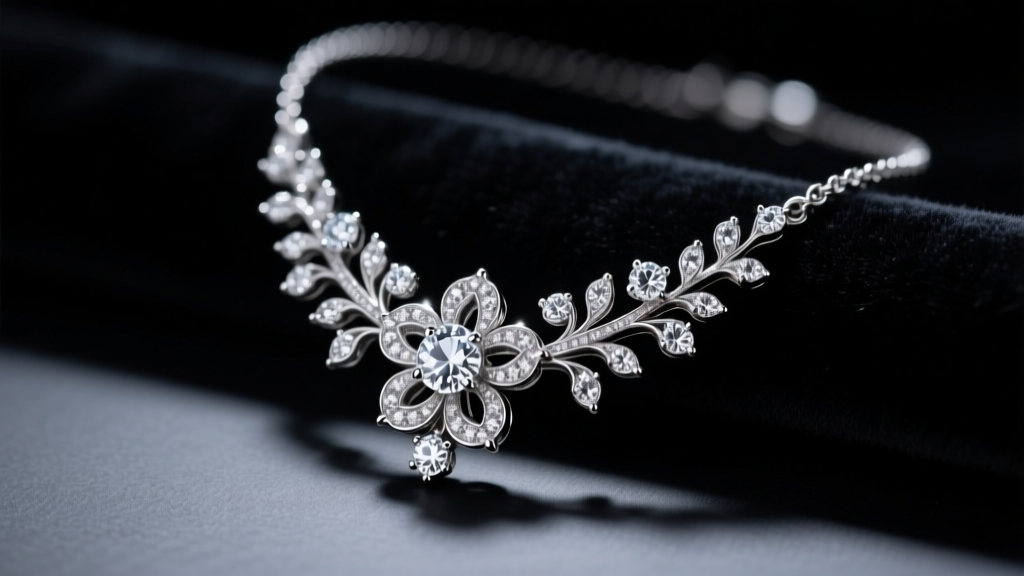 Macro shot of a vintage platinum diamond floral necklace resting on black velvet, illuminated by dramatic, moody studio lighting.