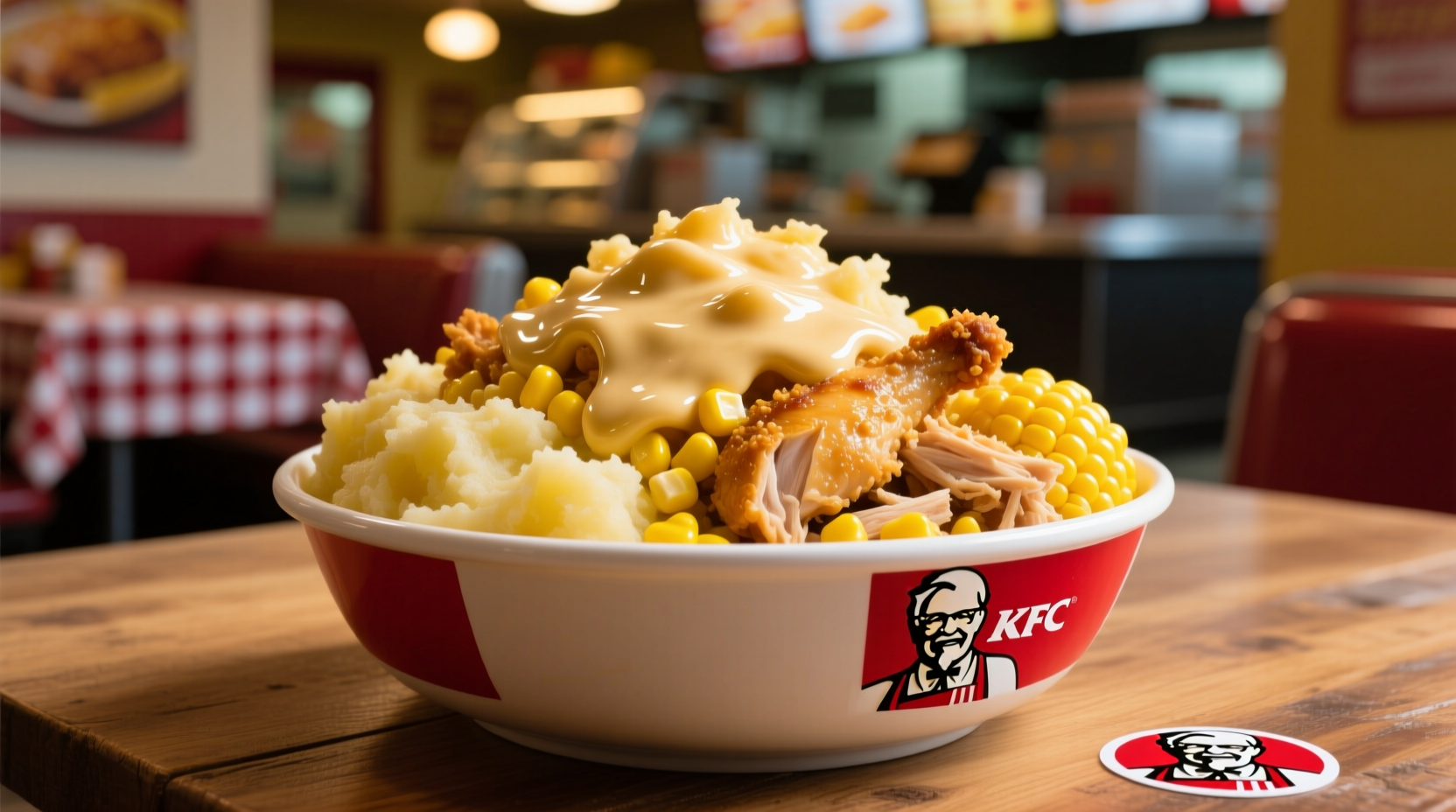 KFC Famous Bowl with mashed potatoes, corn, and chicken